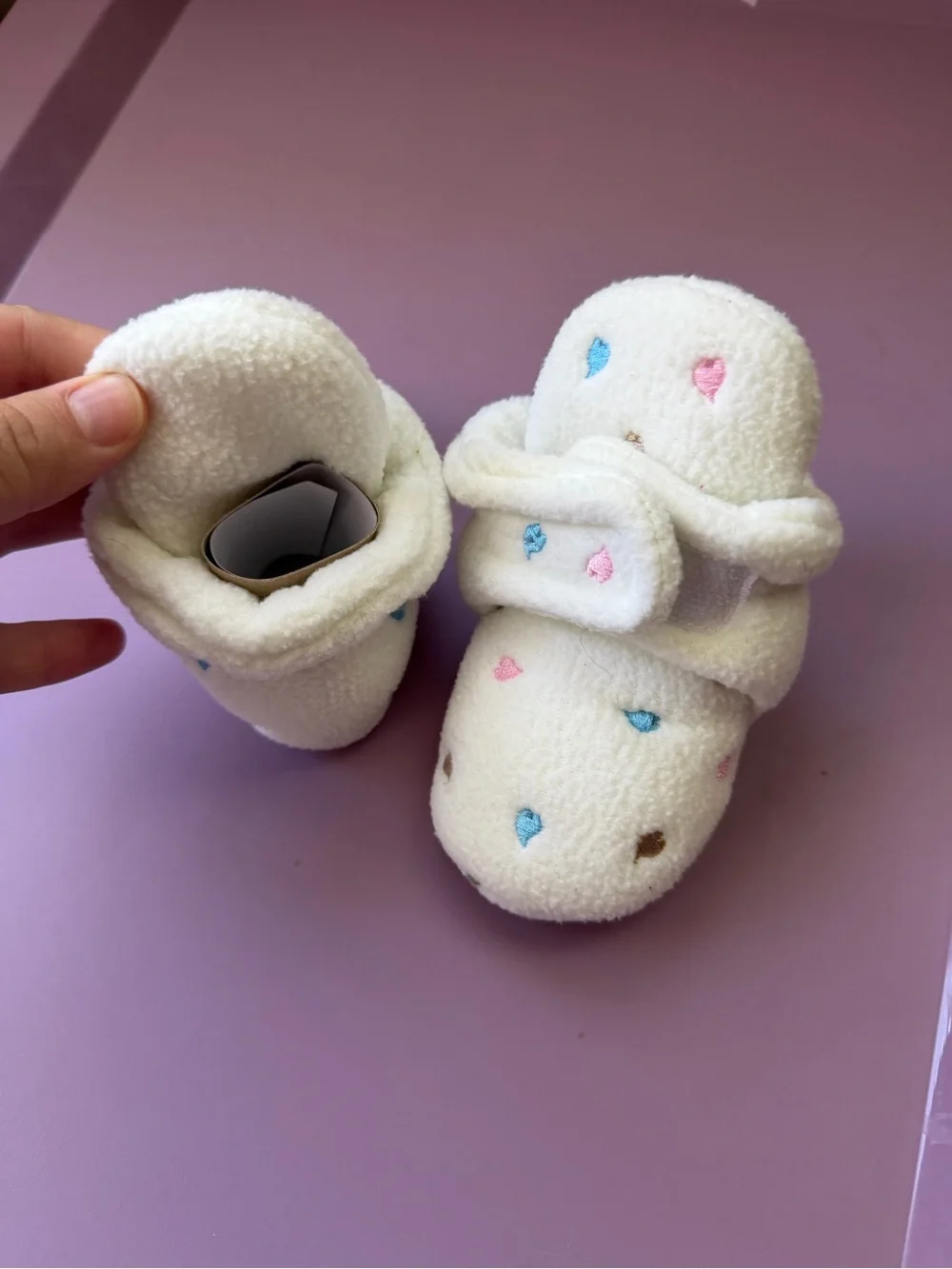 Cream Baby Crib Shoes with Pink & Blue Hearts